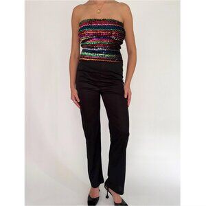 70s vintage black rainbow sequin disco festival strapless tube top pant jumpsuit